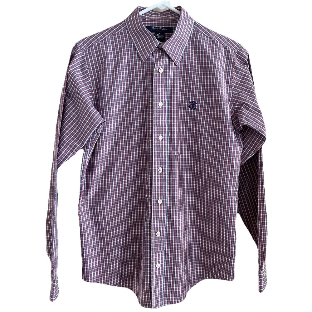 Brooks Brothers Fleece Shirt Boys Sz L Plaid Long Sleeve Button Up Non Iron Logo